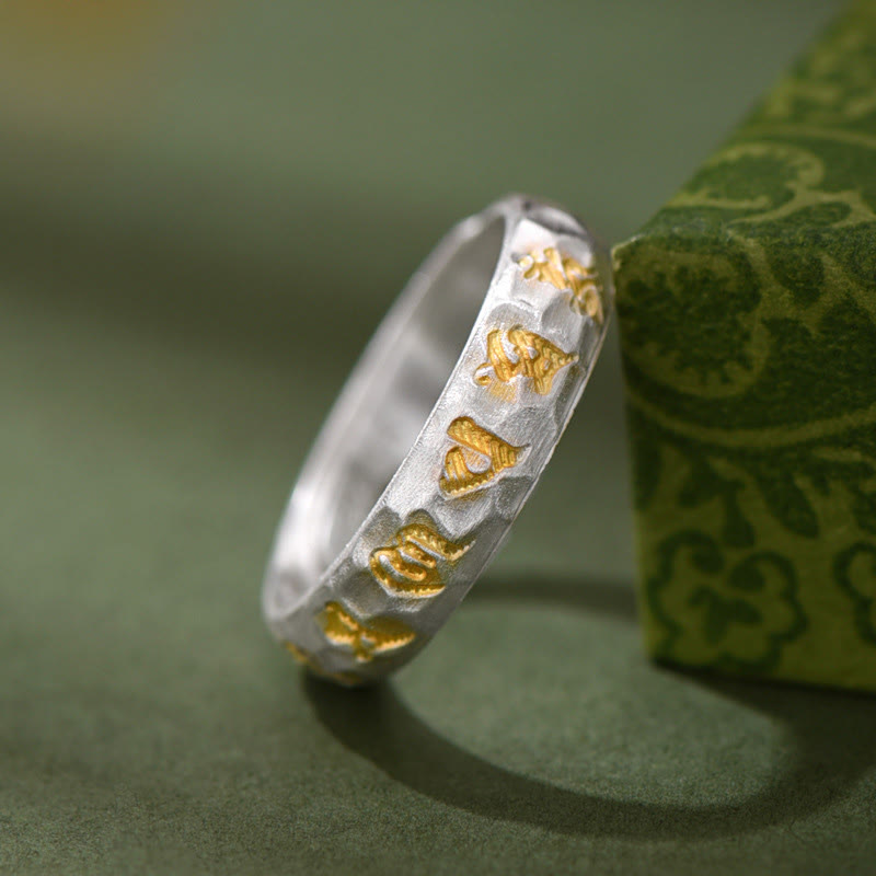 Buddha Stones 999 Sterling Silver Hammer Pattern Om Mani Padme Hum Balance Ring - image 2
