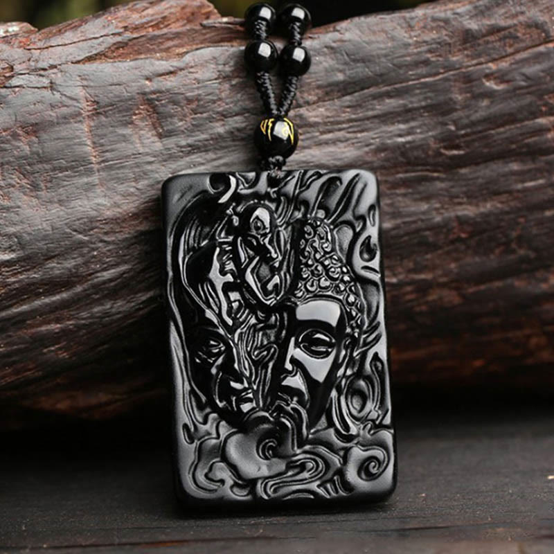 Buddha Stones Natural Black Obsidian Buddha Devil Pattern Strength Necklace Pendant - Buddha Devil Pendant+Bead Chain - image 1