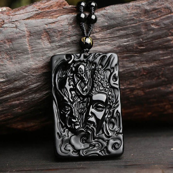 Buddha Stones Natural Black Obsidian Buddha Devil Pattern Strength Necklace Pendant - Buddha Devil Pendant+Bead Chain - image 1