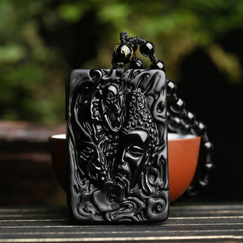 Buddha Stones Natural Black Obsidian Buddha Devil Pattern Strength Necklace Pendant - image 3