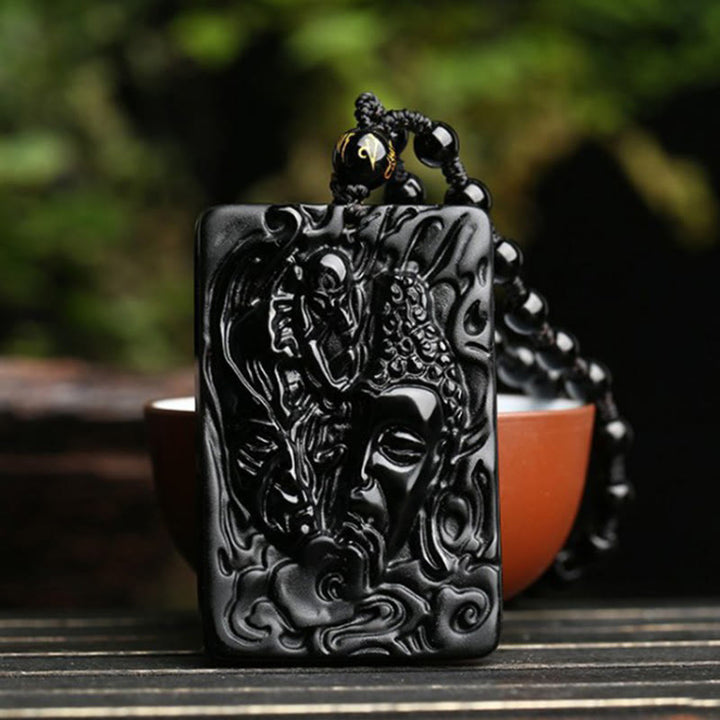Buddha Stones Natural Black Obsidian Buddha Devil Pattern Strength Necklace Pendant - image 3
