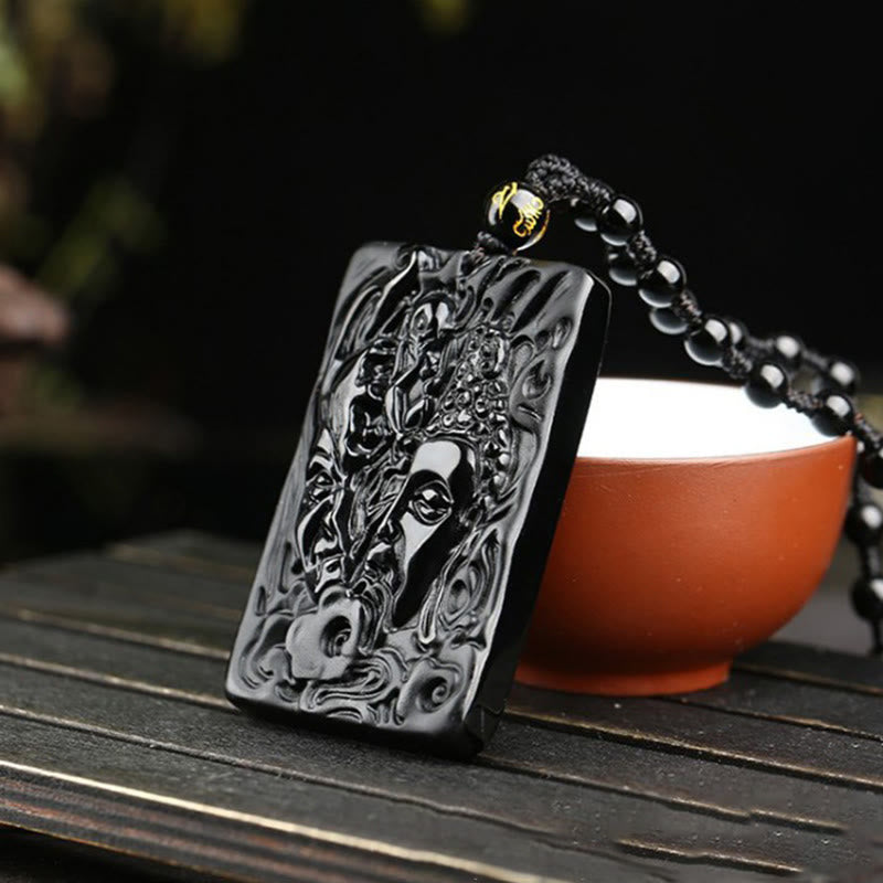 Buddha Stones Natural Black Obsidian Buddha Devil Pattern Strength Necklace Pendant - image 4
