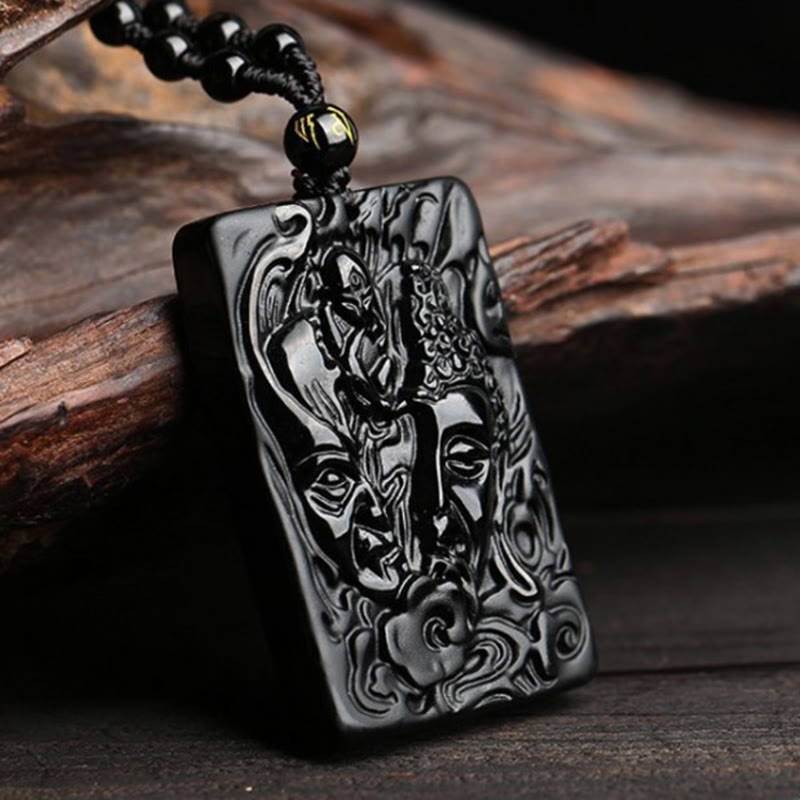 Buddha Stones Natural Black Obsidian Buddha Devil Pattern Strength Necklace Pendant - image 2