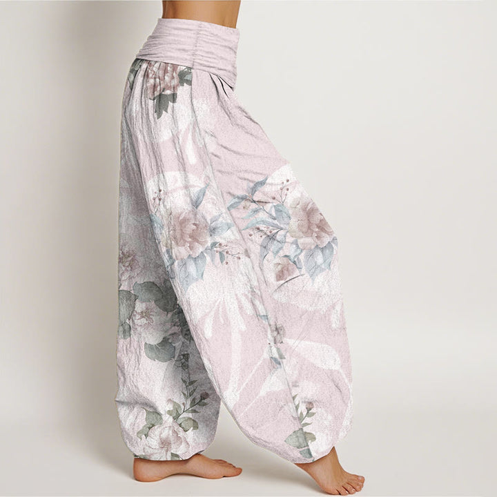 Buddha Stones Pure Cotton Flowers White Leaves Women's Elastic Waist Harem Pants - image 2