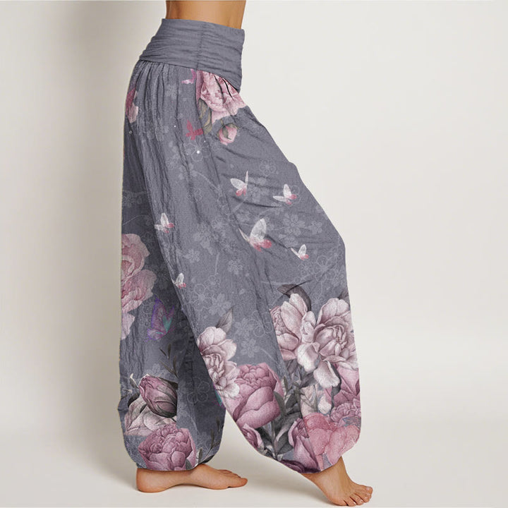 Buddha Stones Pure Cotton Casual Bright Peony Flower Butterfly Women's Elastic Waist Harem Pants - image 2