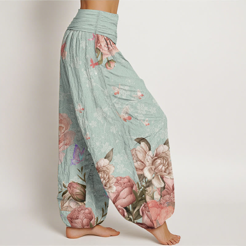 Buddha Stones Pure Cotton Casual Bright Peony Flower Butterfly Women's Elastic Waist Harem Pants - image 10