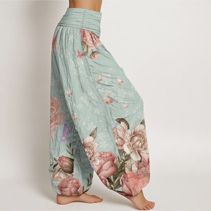 Buddha Stones Pure Cotton Casual Bright Peony Flower Butterfly Women's Elastic Waist Harem Pants - image 10
