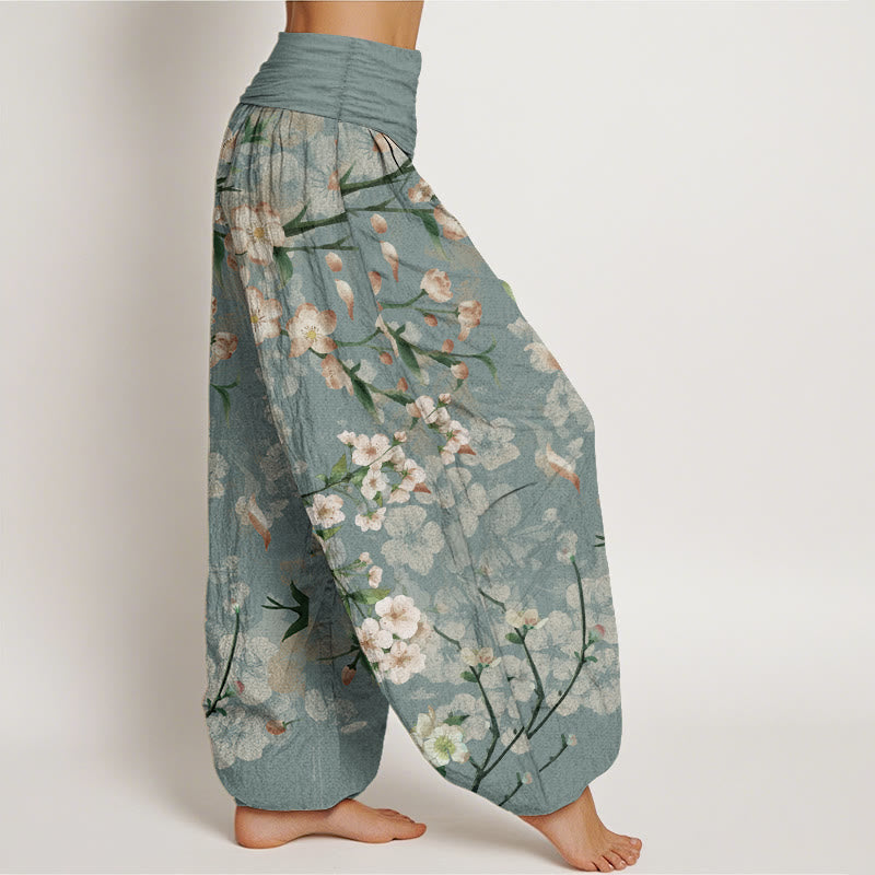 Buddha Stones Pure Cotton Peach Blossoms Flying Geese Pattern Women's Elastic Waist Harem Pants