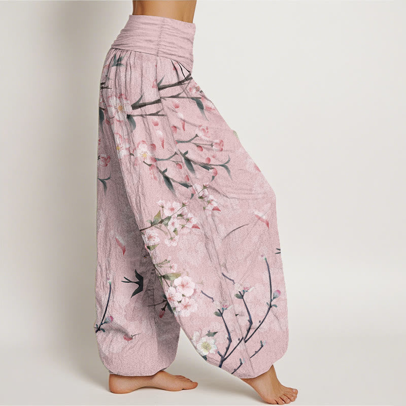 Buddha Stones Pure Cotton Peach Blossoms Flying Geese Pattern Women's Elastic Waist Harem Pants