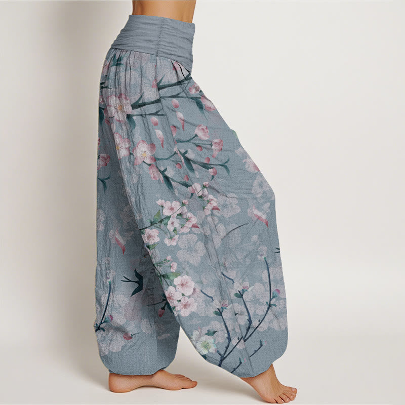Buddha Stones Pure Cotton Peach Blossoms Flying Geese Pattern Women's Elastic Waist Harem Pants