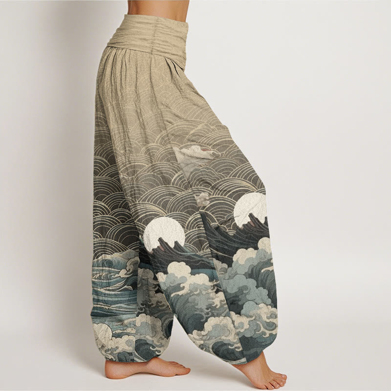 Buddha Stones Pure Cotton Casual Wave Moon Mountain Pattern Women's Elastic Waist Harem Pants - image 10