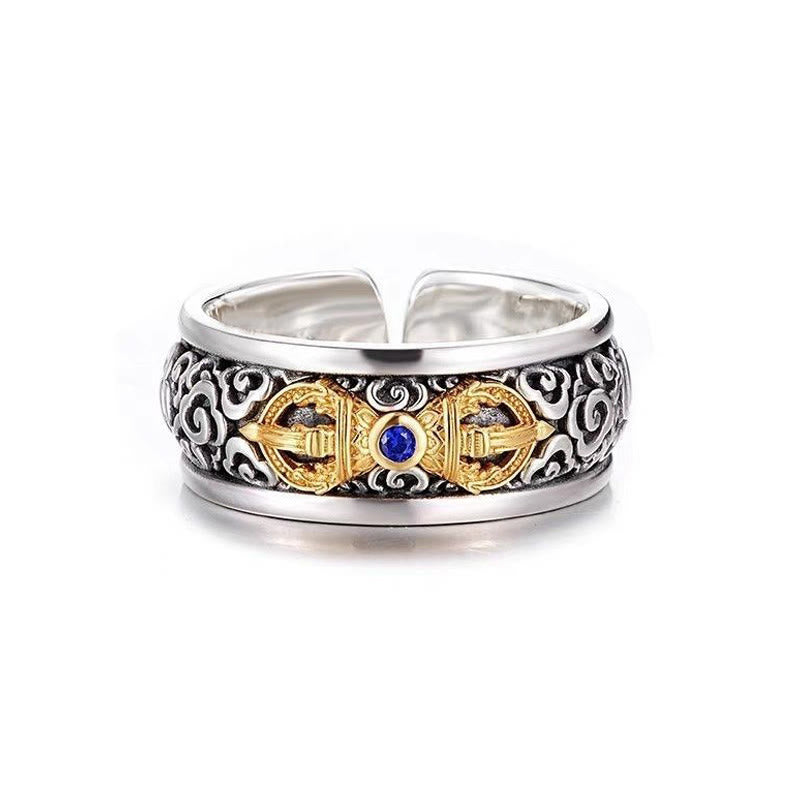 Buddha Stones Vintage Tibetan Vajra Auspicious Clouds Pattern Copper Plated Silver Balance Ring - image 6