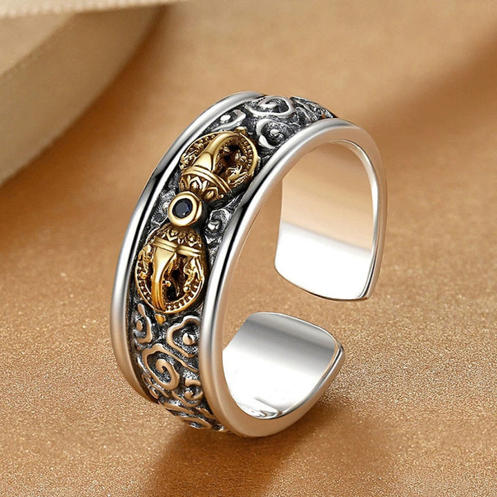 Buddha Stones Vintage Tibetan Vajra Auspicious Clouds Pattern Copper Plated Silver Balance Ring - Copper - image 1