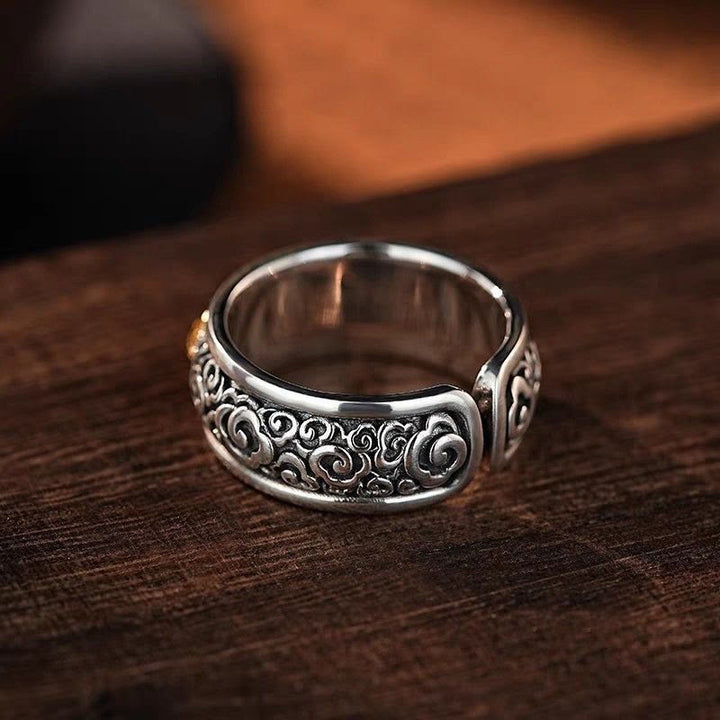 Buddha Stones Vintage Tibetan Vajra Auspicious Clouds Pattern Copper Plated Silver Balance Ring - image 3