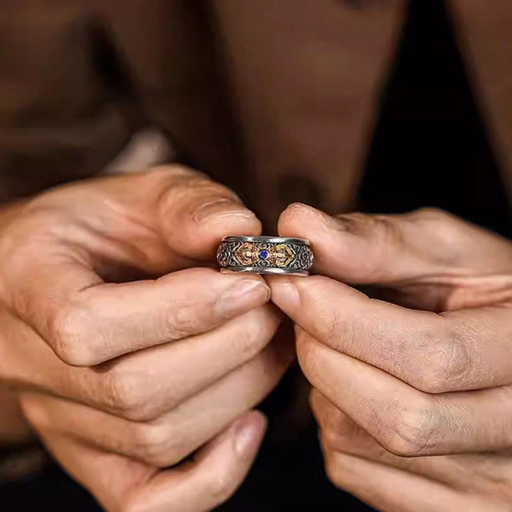 Buddha Stones Vintage Tibetan Vajra Auspicious Clouds Pattern Copper Plated Silver Balance Ring - image 4