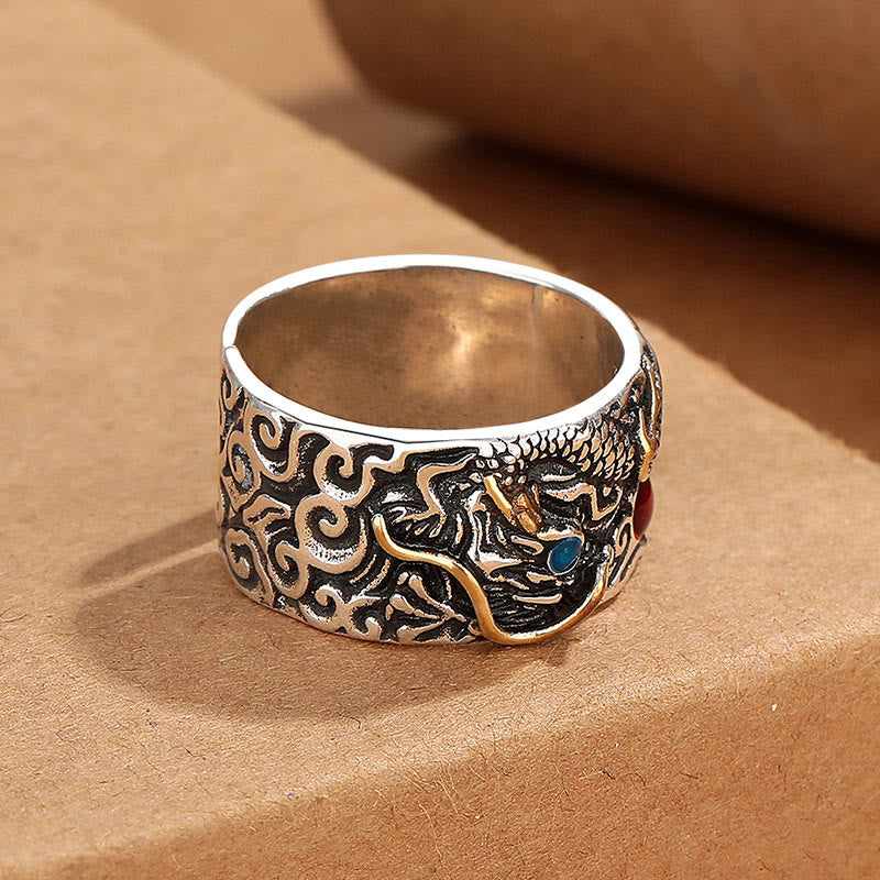 Buddha Stones Vintage Dragon Pattern Copper Plated Silver Balance Ring - image 2