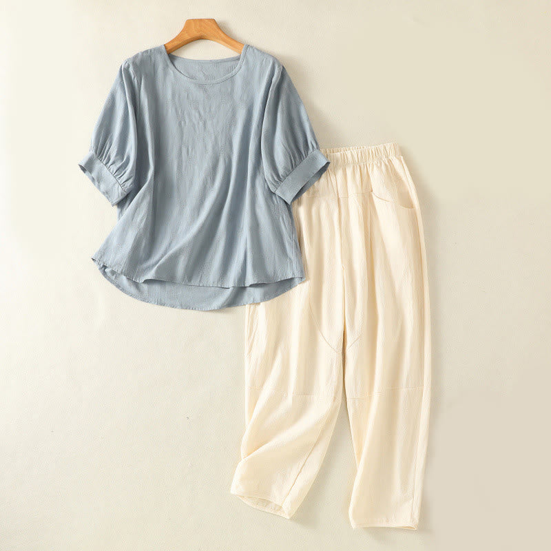 Buddha Stones 2pcs Plain Women's Short Sleeve Shirt Harem Pants Meditation Clothing Set - LightSkyBlue - US8-10，UK/AU12-14，EU40-42 (2XL) - image 0