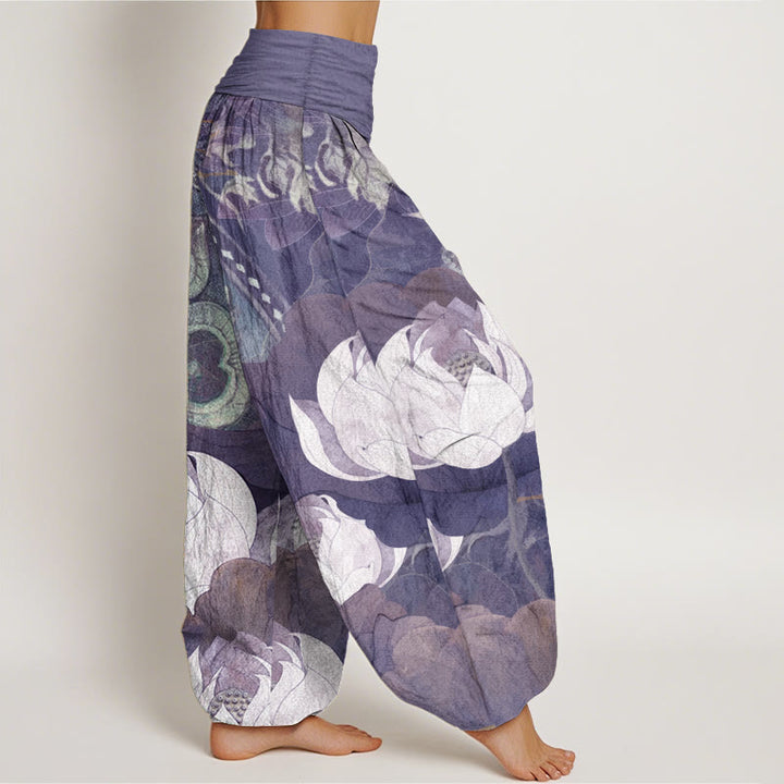 Buddha Stones Pure Cotton White Lotus Leaves Pattern Casual Women's Elastic Waist Harem Pants - image 10