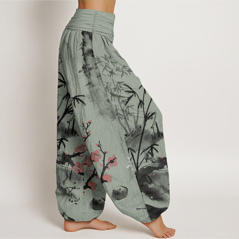Buddha Stones Pure Cotton Plum Blossoms Bamboo Orchids Chrysanthemums Pattern Women's Elastic Waist Harem Pants - image 7