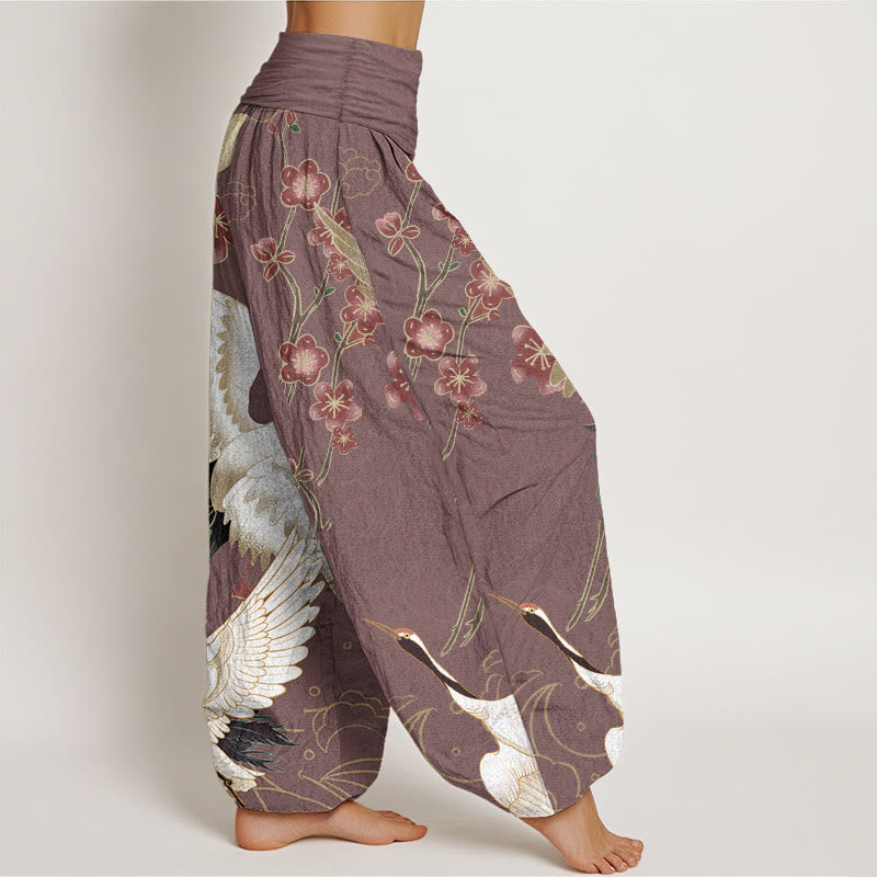 Buddha Stones Pure Cotton Cranes Flowers Auspicious Clouds Pattern Women's Elastic Waist Harem Pants - image 7