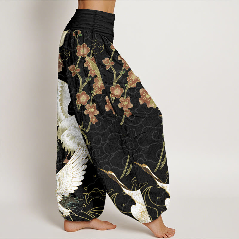 Buddha Stones Pure Cotton Cranes Flowers Auspicious Clouds Pattern Women's Elastic Waist Harem Pants - image 2