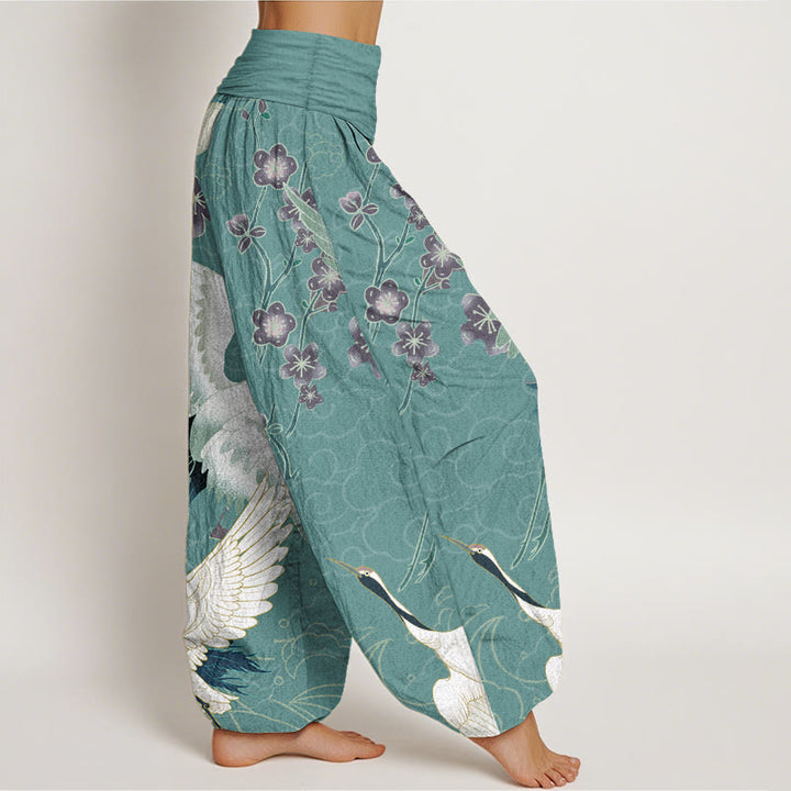 Buddha Stones Pure Cotton Cranes Flowers Auspicious Clouds Pattern Women's Elastic Waist Harem Pants - image 10
