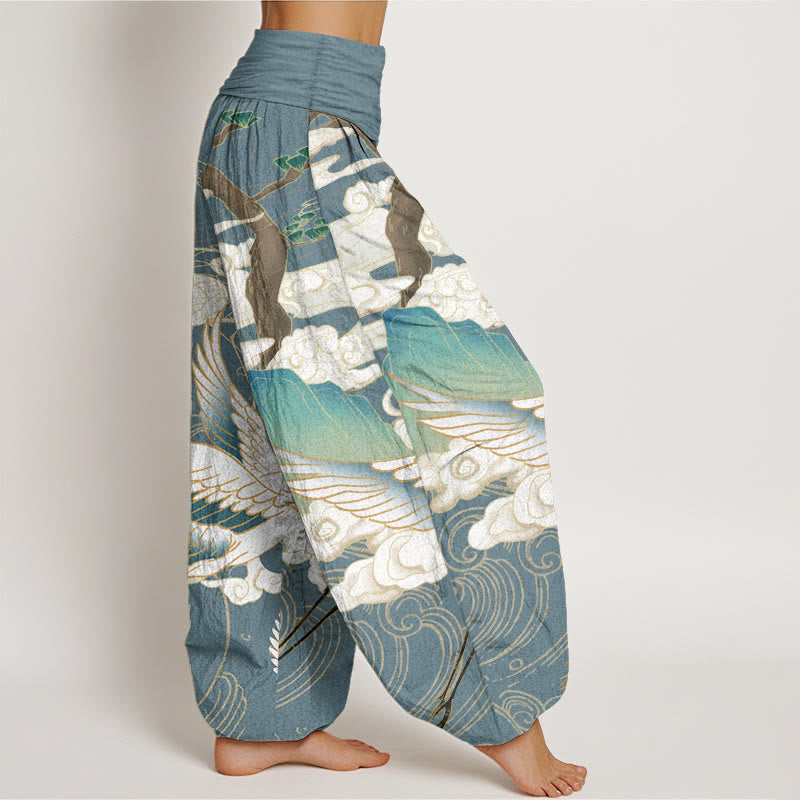 Buddha Stones Pure Cotton Flying Cranes Auspicious Clouds Tree women's Elastic Waist Harem Pants