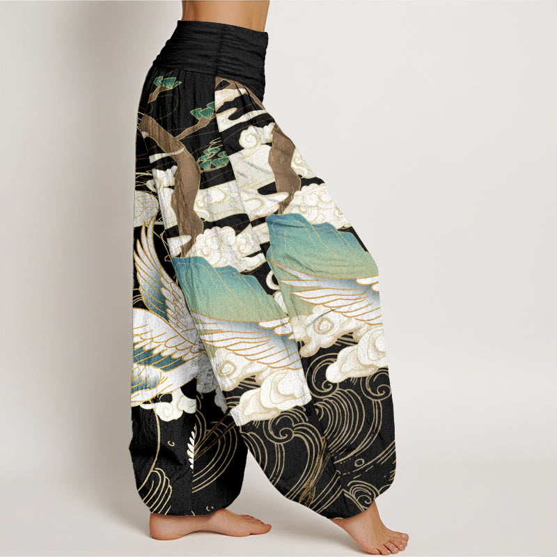 Buddha Stones Pure Cotton Flying Cranes Auspicious Clouds Tree women's Elastic Waist Harem Pants