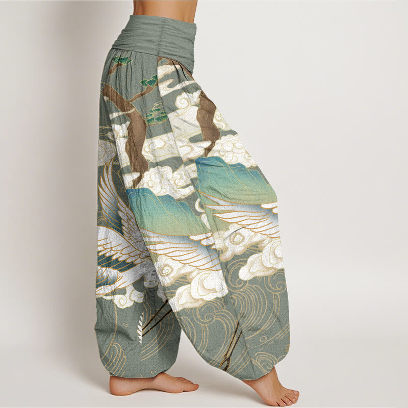 Buddha Stones Pure Cotton Flying Cranes Auspicious Clouds Tree women's Elastic Waist Harem Pants