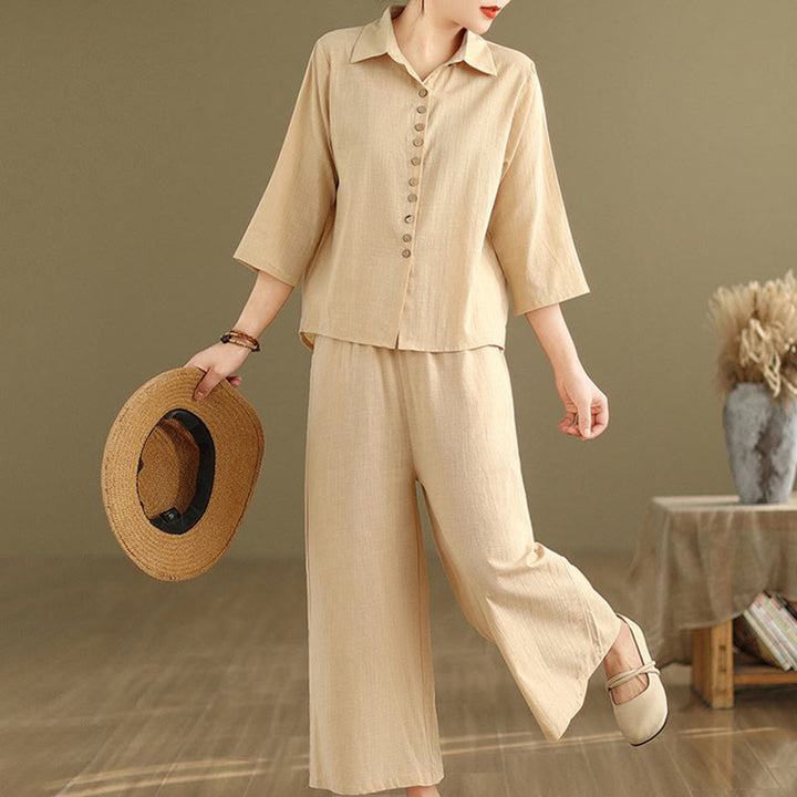 Buddha Stones 2pcs Casual Women's Stand Collar Shirt Loose Pants Meditation Clothing Set - image 2