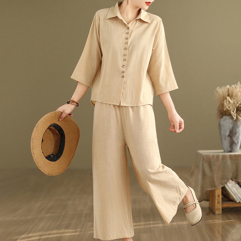 Buddha Stones 2pcs Casual Women's Stand Collar Shirt Loose Pants Meditation Clothing Set - image 3