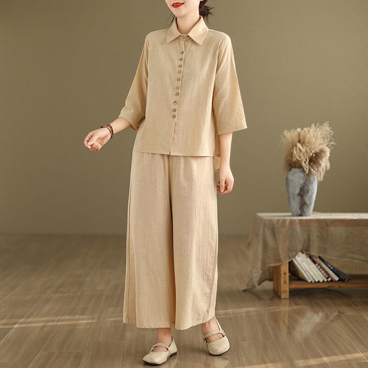 Buddha Stones 2pcs Casual Women's Stand Collar Shirt Loose Pants Meditation Clothing Set - image 1
