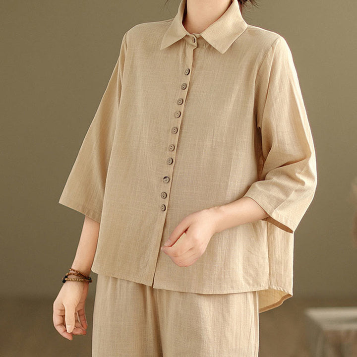 Buddha Stones 2pcs Casual Women's Stand Collar Shirt Loose Pants Meditation Clothing Set - image 5