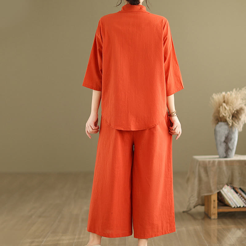 Buddha Stones 2pcs Casual Women's Stand Collar Shirt Loose Pants Meditation Clothing Set - image 11