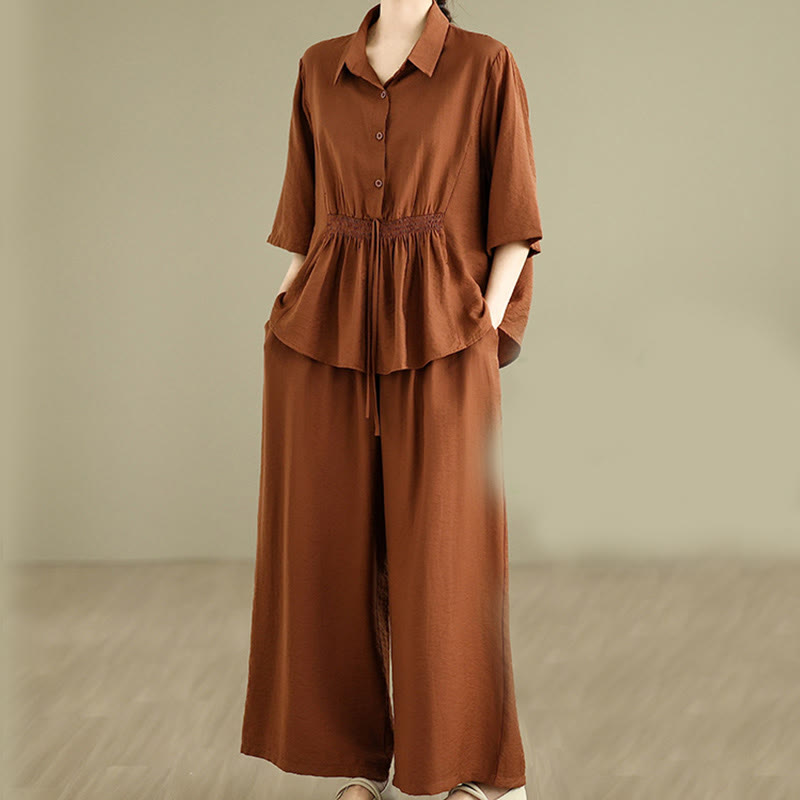 Buddha Stones 2pcs Casual Women's Stand Collar Shirt Loose Pants Meditation Clothing Set - image 1