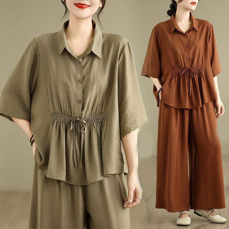 Buddha Stones 2pcs Casual Women's Stand Collar Shirt Loose Pants Meditation Clothing Set - image 18