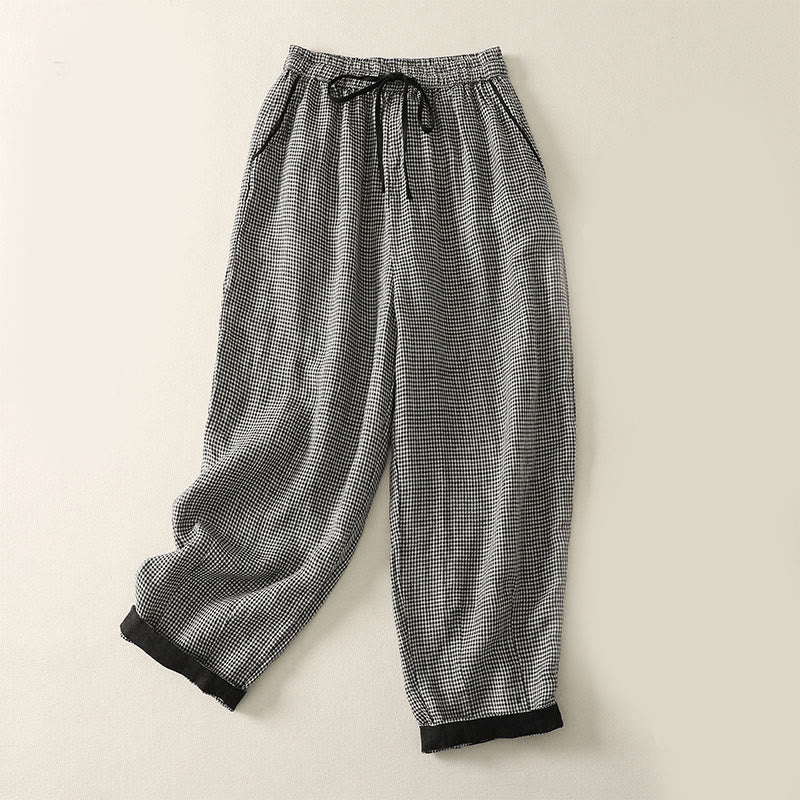 Buddha Stones Plaid Pattern Drawstring Women's Cotton Linen Harem Pants With Pockets - Black - US8-10，UK/AU12-14，EU40-42 (2XL) - image 0