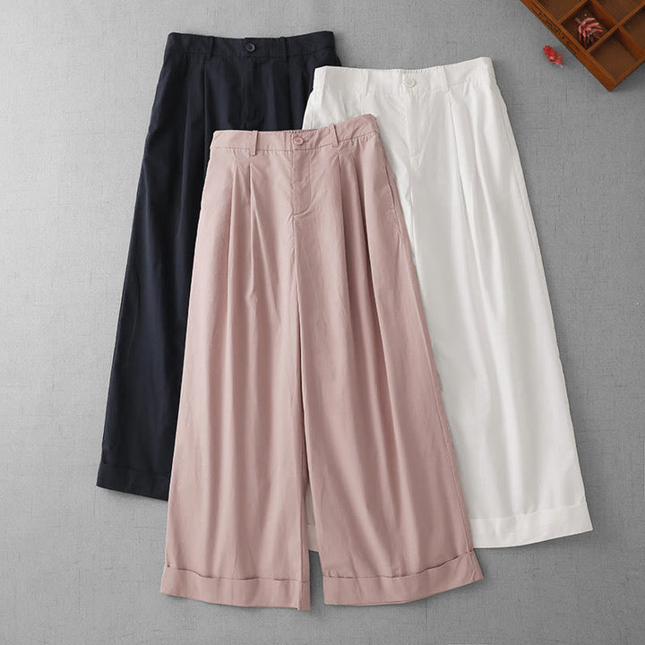 Buddha Stones Casual Plain High Waist Women's Polyester 7-8 Length Wide Leg Pants With Pockets - image 18