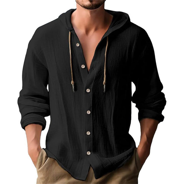 Buddha Stones Solid Color Long Sleeve Hooded Drawstring Buttons Linen Men's Shirt - Black - US/UK/AU44，EU54 (3XL) - image 1