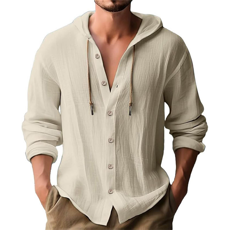 Buddha Stones Solid Color Long Sleeve Hooded Drawstring Buttons Linen Men's Shirt - Beige - US/UK/AU44，EU54 (3XL) - image 25