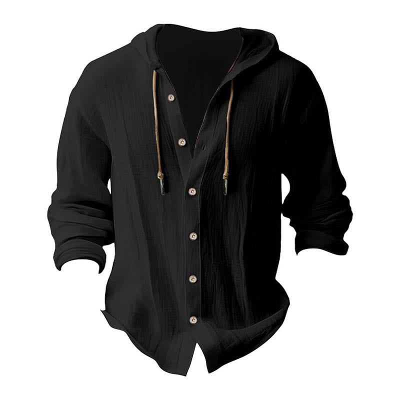 Buddha Stones Solid Color Long Sleeve Hooded Drawstring Buttons Linen Men's Shirt - image 2