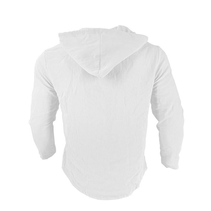 Buddha Stones Solid Color Long Sleeve Hooded Drawstring Buttons Linen Men's Shirt - image 6