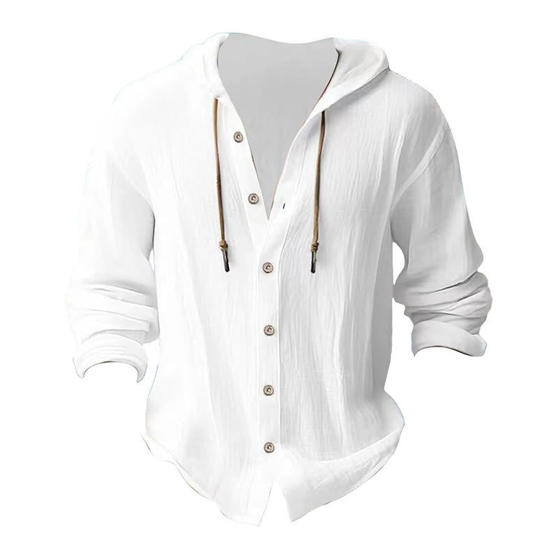 Buddha Stones Solid Color Long Sleeve Hooded Drawstring Buttons Linen Men's Shirt - image 5