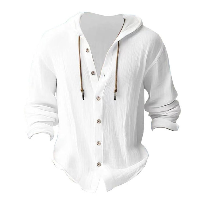 Buddha Stones Solid Color Long Sleeve Hooded Drawstring Buttons Linen Men's Shirt - image 5