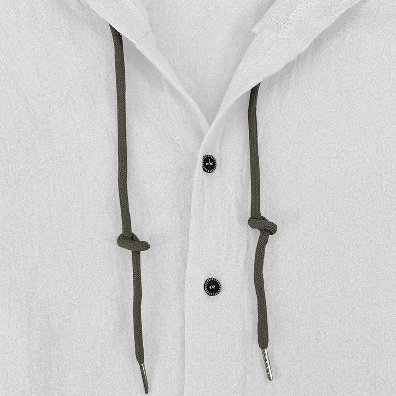 Buddha Stones Solid Color Long Sleeve Hooded Drawstring Buttons Linen Men's Shirt - image 8