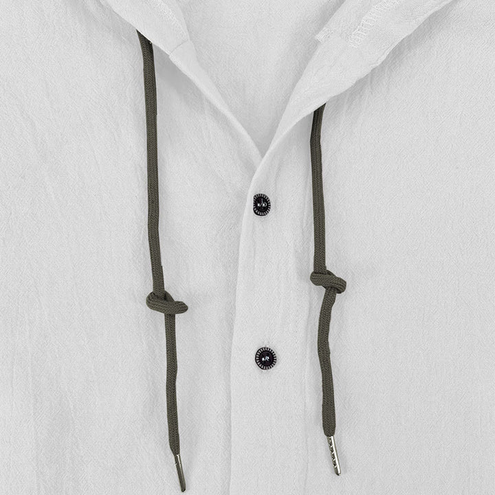 Buddha Stones Solid Color Long Sleeve Hooded Drawstring Buttons Linen Men's Shirt - image 8