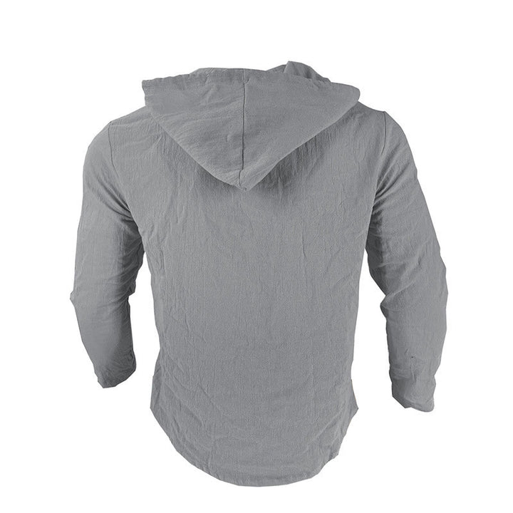 Buddha Stones Solid Color Long Sleeve Hooded Drawstring Buttons Linen Men's Shirt - image 12