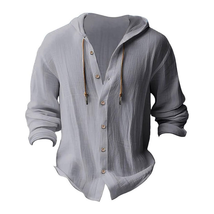 Buddha Stones Solid Color Long Sleeve Hooded Drawstring Buttons Linen Men's Shirt - image 13
