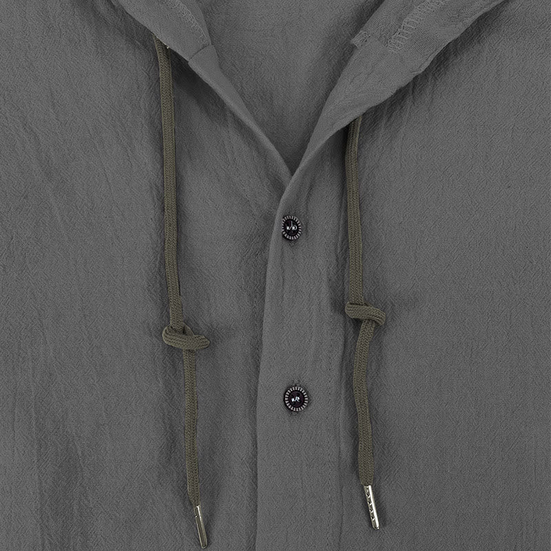 Buddha Stones Solid Color Long Sleeve Hooded Drawstring Buttons Linen Men's Shirt - image 15