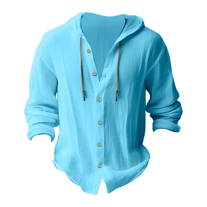 Buddha Stones Solid Color Long Sleeve Hooded Drawstring Buttons Linen Men's Shirt - image 20